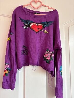 Girls' Purple Floral Heart Graphic Cropped Sweatshirt - Kids Matching Sets